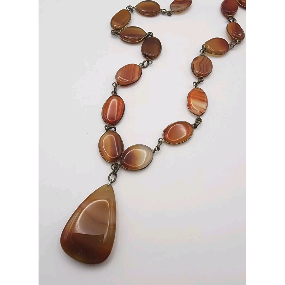 Vintage Banded Agate Orange Red Oval  Stone Boho Necklace Teardrop Pendant 34"